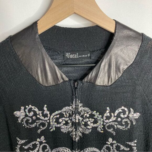 Vocal Black Rhinestone Embellished Zip Up Lightweight Cardigan Top Medium Y2K - Picture 8 of 11